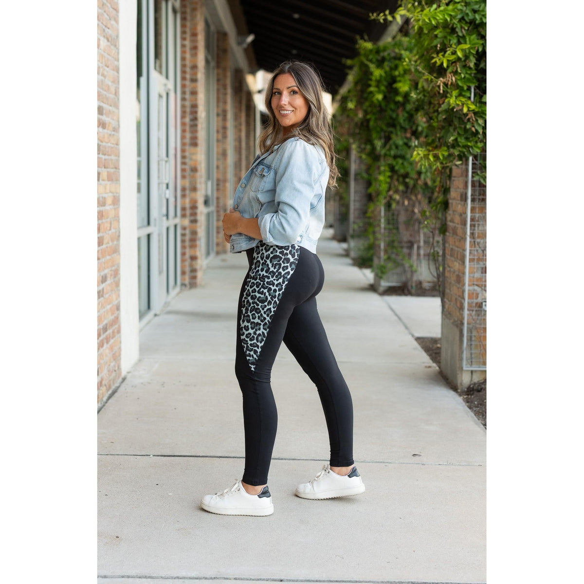 Snow leopard panel detail on Buttery soft leopard panel leggings for women by Julia Rose