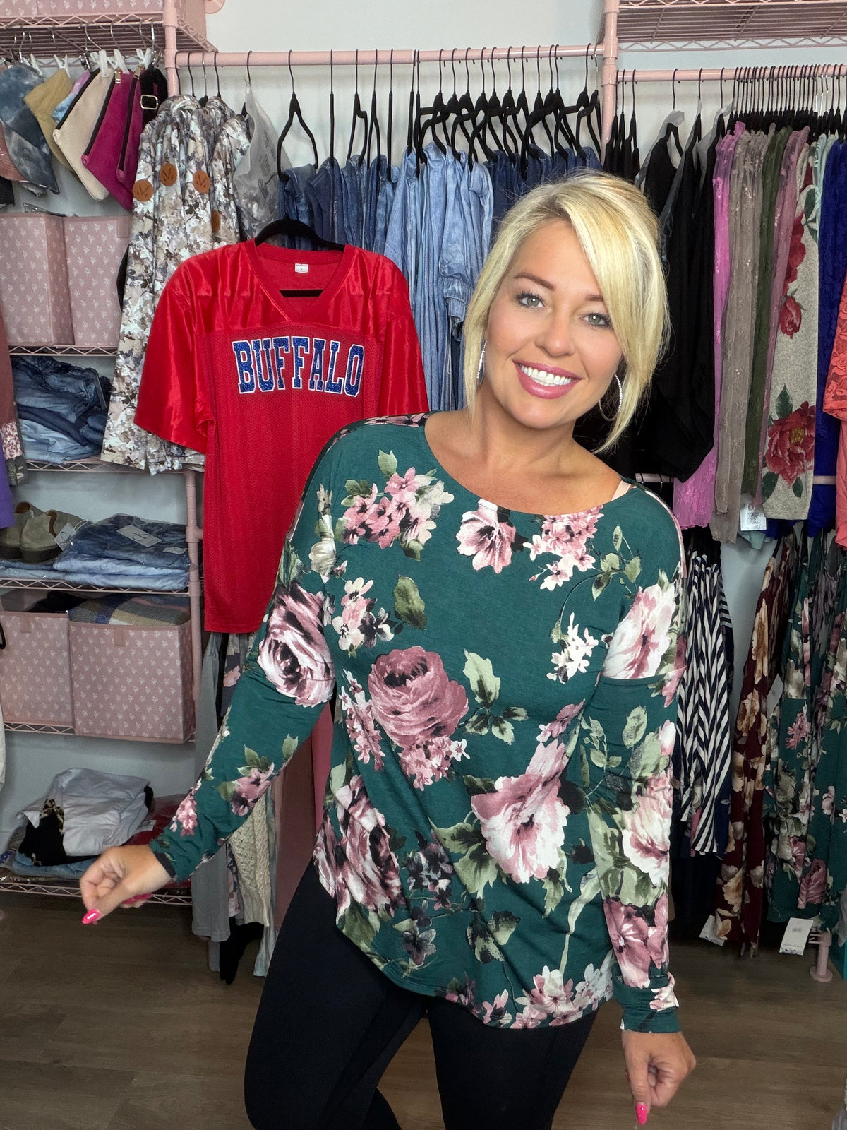 Floral Teal & Mauve Wrinkle Free Top
