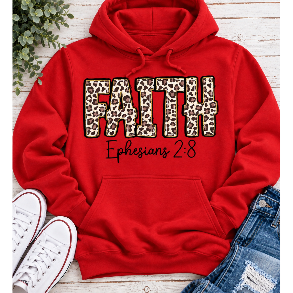 FAITH Ephesians 2:8 leopard print Christian graphic apparel for women in beige and red