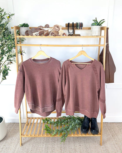 IN STOCK Lace Accent Vintage Wash Pullover - Brown FINAL SALE