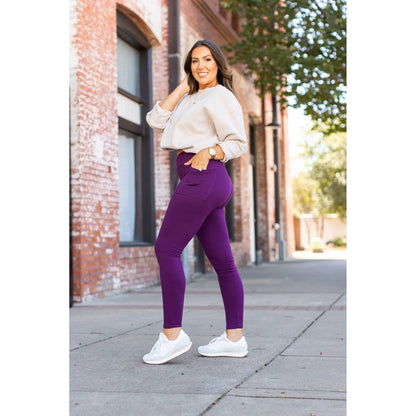 Julia Rose The Kinsley purple full length leggings front view, High-waisted purple leggings by Julia Rose