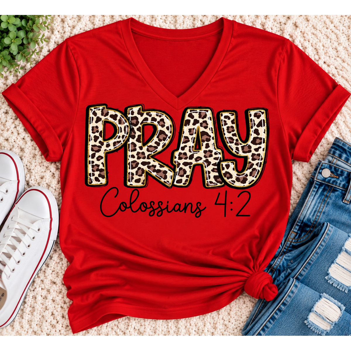 PRAY Colossians 4:2 leopard print Christian graphic shirt available in short sleeve crewneck, V-neck, long sleeve and hoodie styles.