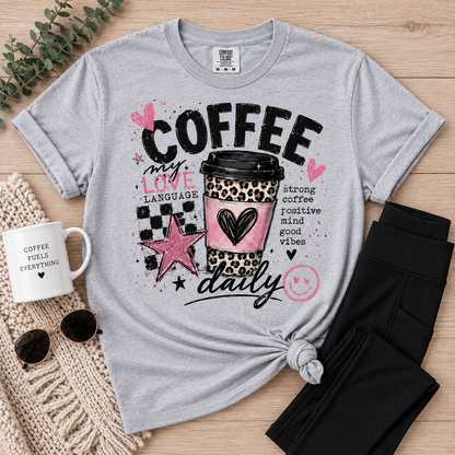 Coffee My Love Language graphic crew neck tee with pink and leopard print coffee cup design