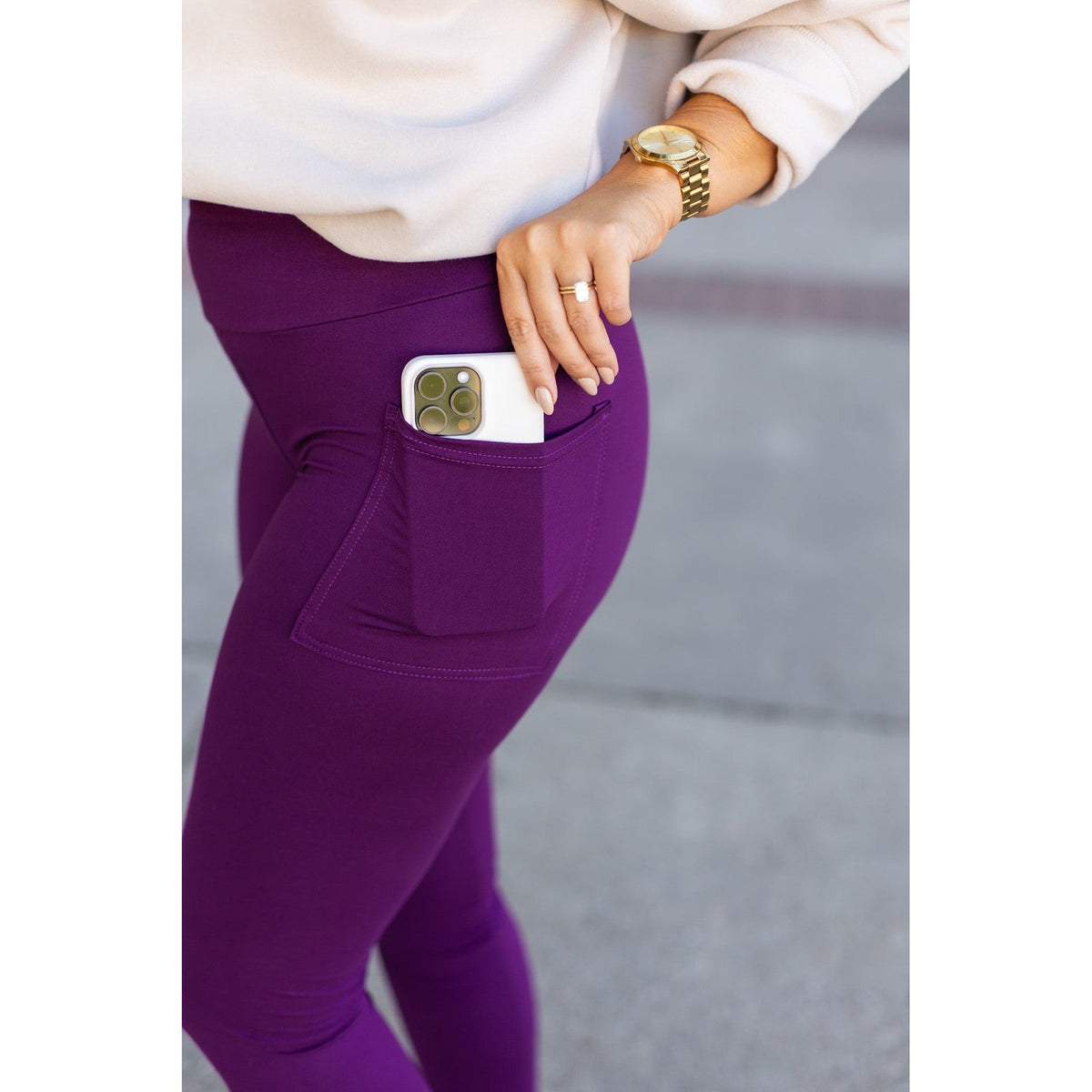 Julia Rose The Kinsley purple full length leggings front view, High-waisted purple leggings by Julia Rose