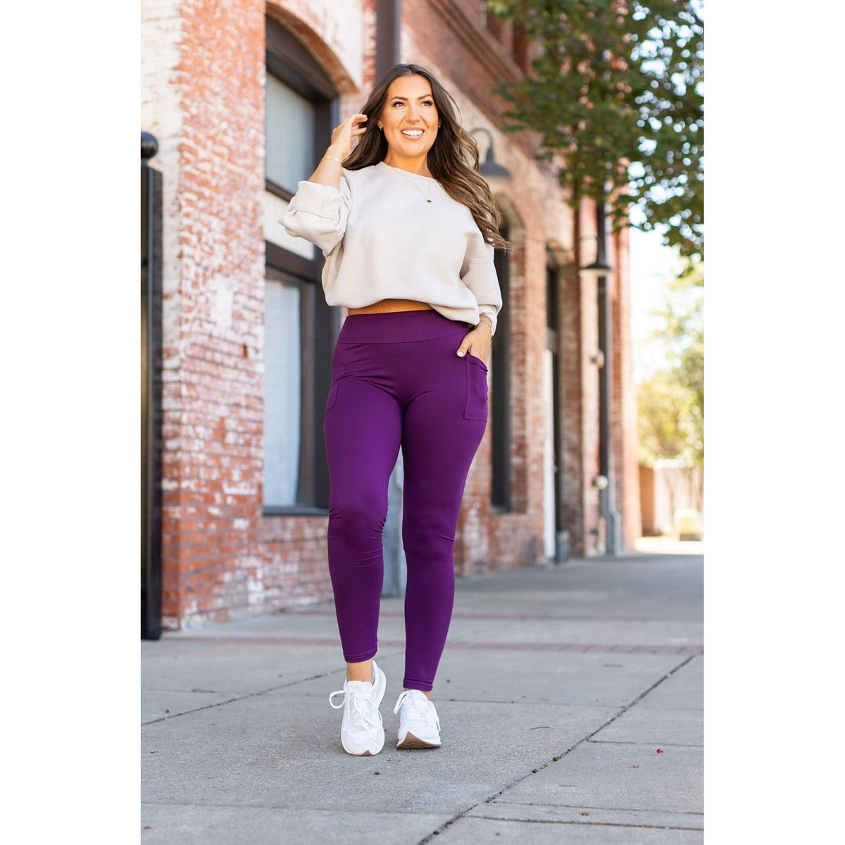 Julia Rose The Kinsley purple full length leggings front view, High-waisted purple leggings by Julia Rose
