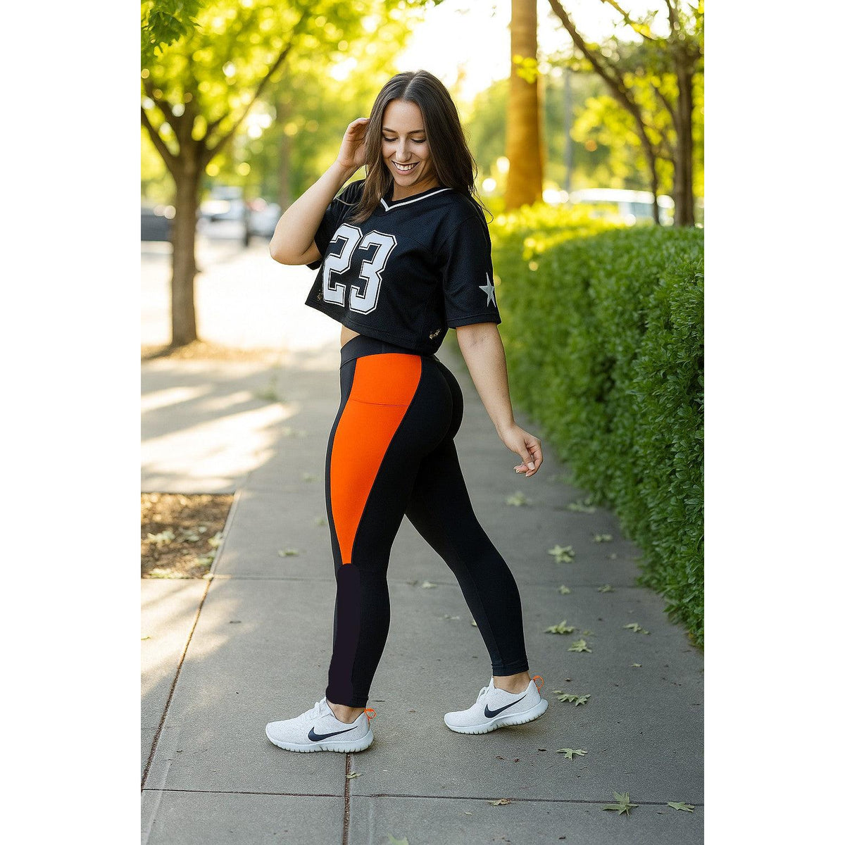 Women’s color block orange panel leggings by Julia Rose