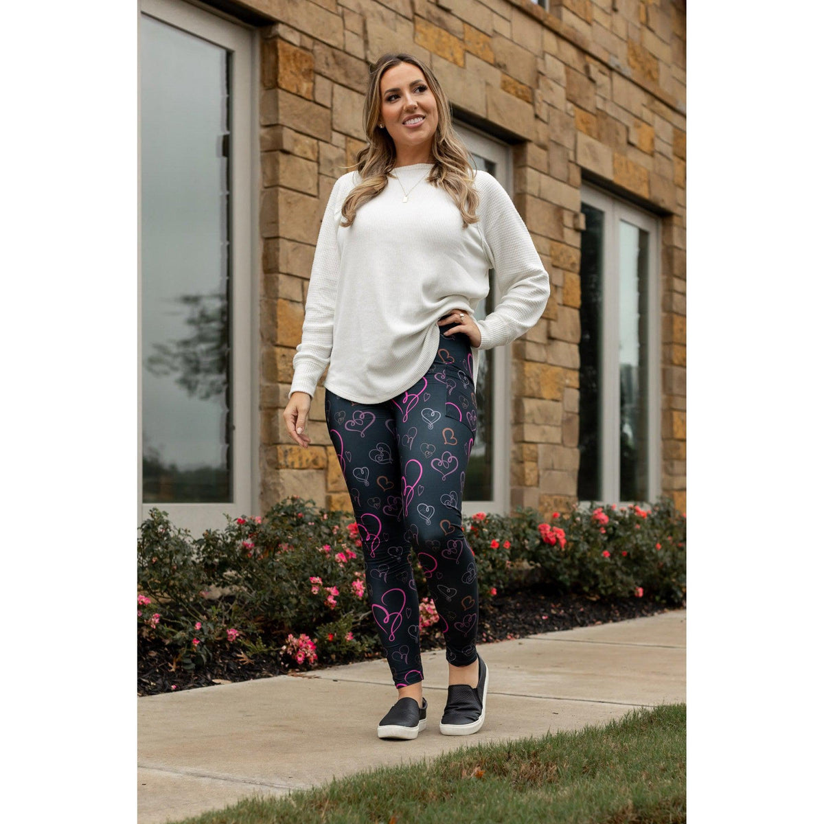 Ready to Ship | Heart Swirls (Black Background) Full Length Leggings