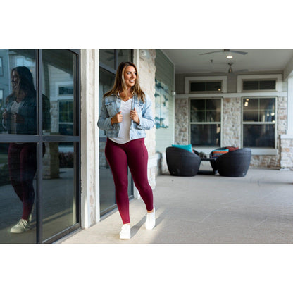 Buttery soft maroon leggings for women - High waist maroon leggings with side pockets