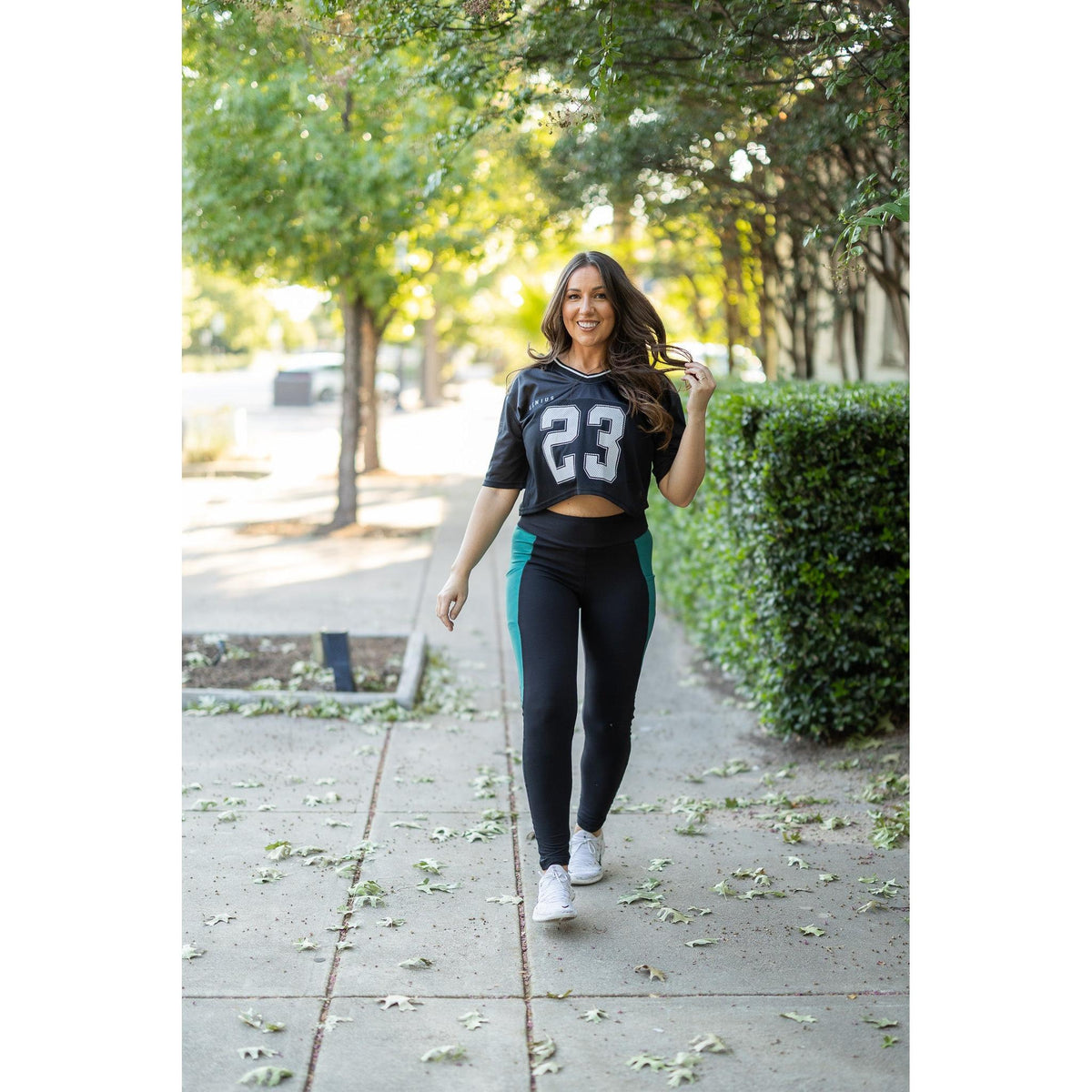 Julia Rose Gracie Green Panel Full Length Leggings women’s boutique leggings front view, Woman wearing Julia Rose Gracie leggings with green panel detail