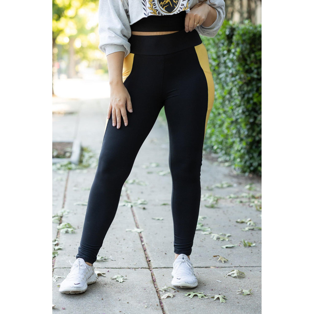 Julia Rose Yasmine Yellow Panel Full Length Leggings women’s boutique leggings front view, Woman wearing Julia Rose Yasmine leggings with yellow panel detail