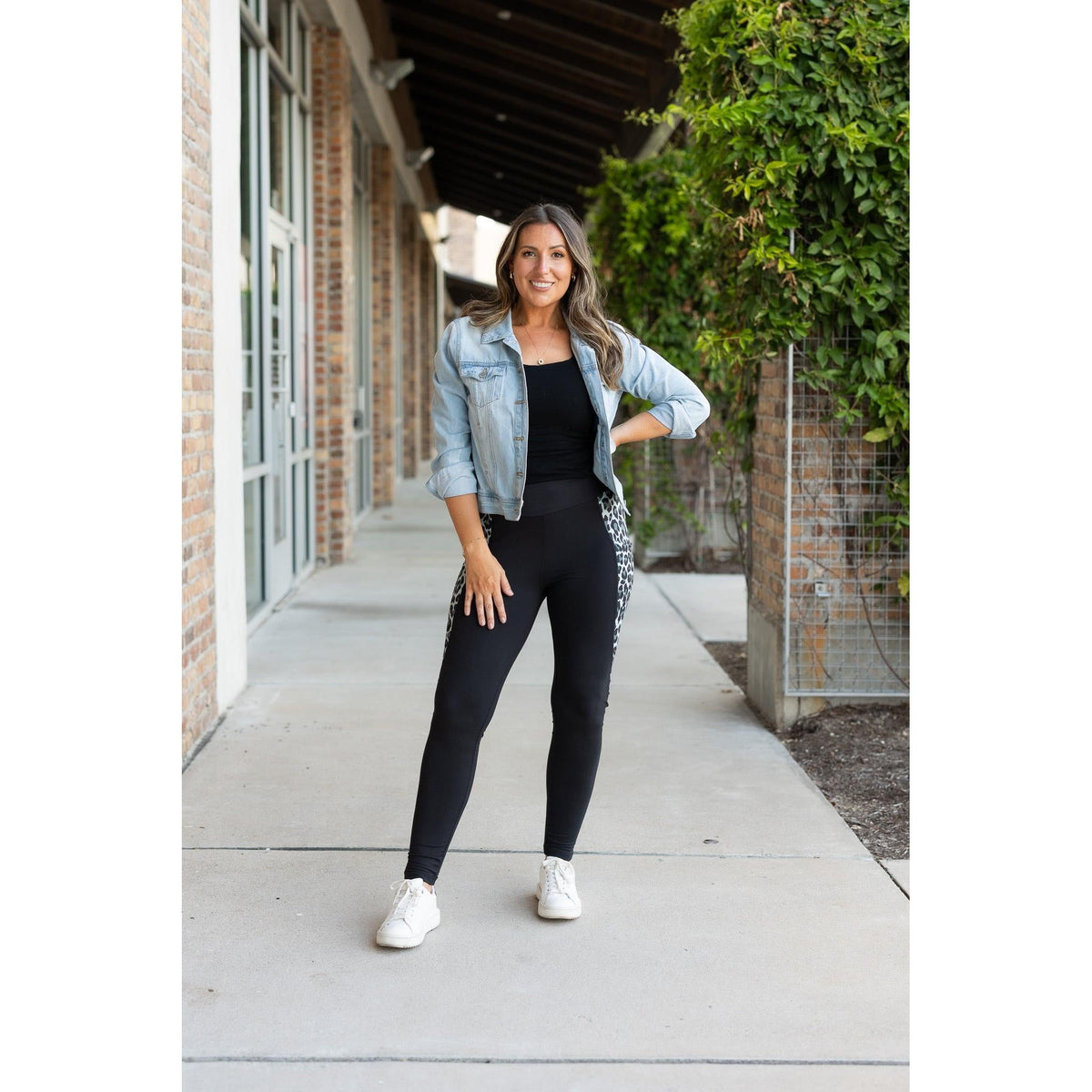 Snow leopard panel detail on  Buttery soft leopard panel leggings for women by Julia Rose