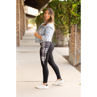 High waisted black leggings with plaid side panel