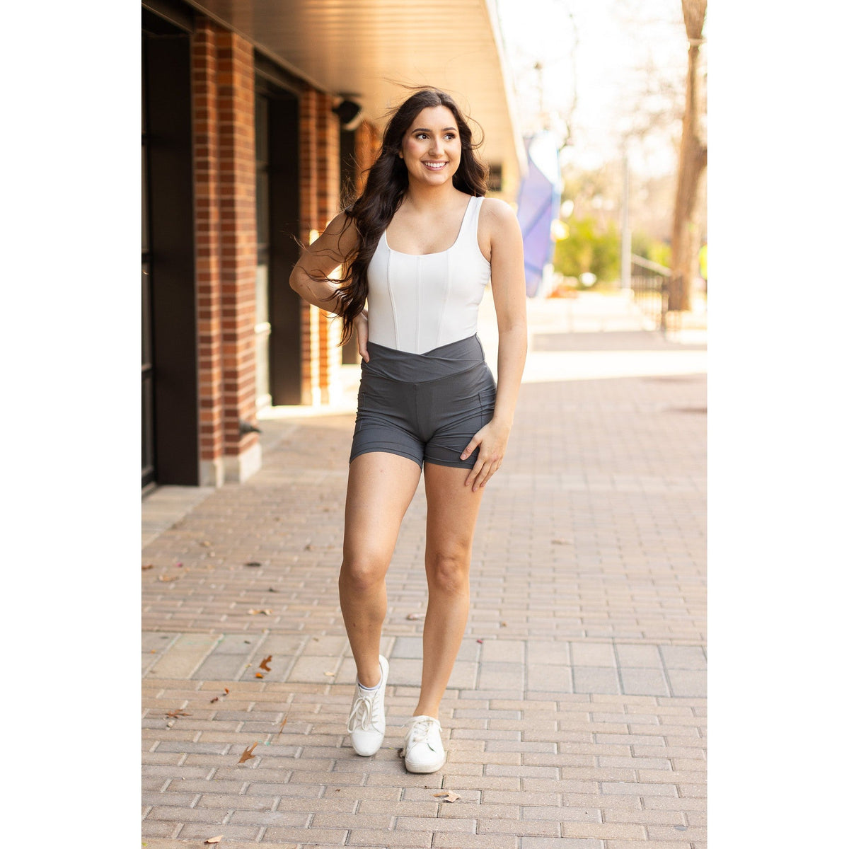 Julia Rose The Caleigh charcoal crossover 5-inch biker shorts high-waisted women’s shorts