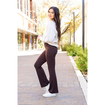 High-waisted brown bootcut leggings with pockets by Julia Rose, Julia Rose women’s brown flared leggings lifestyle image
