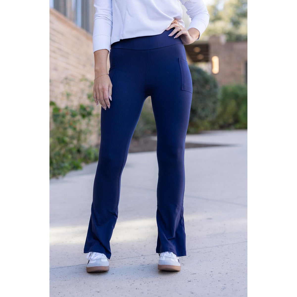 “Julia Rose Navy Flare Lounge Pants with pockets and soft stretch fabric