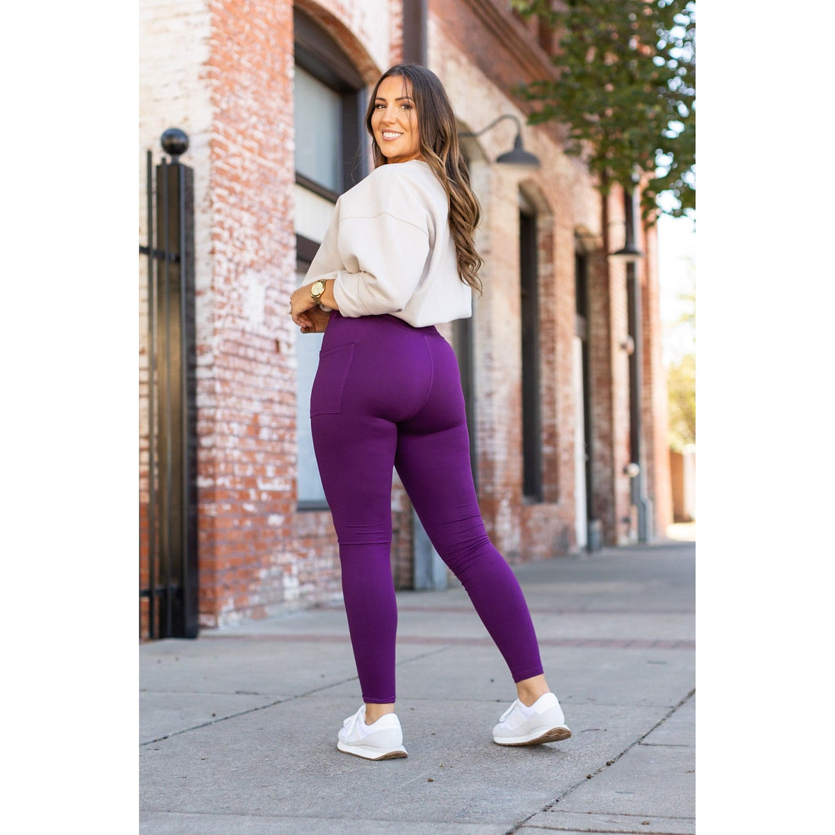 Julia Rose The Kinsley purple full length leggings front view, High-waisted purple leggings by Julia Rose