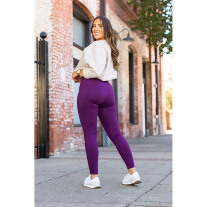 Julia Rose The Kinsley purple full length leggings front view, High-waisted purple leggings by Julia Rose