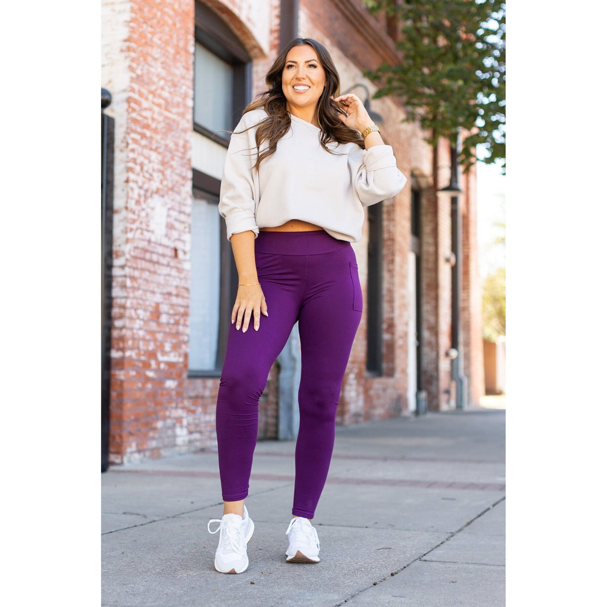 Julia Rose The Kinsley purple full length leggings front view, High-waisted purple leggings by Julia Rose