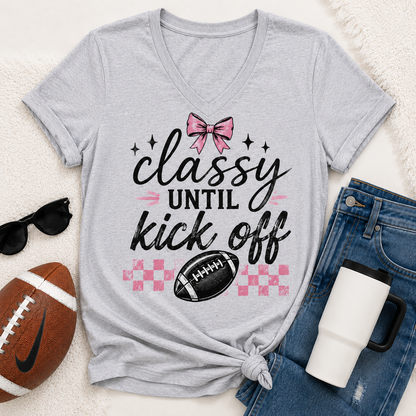 Classy Until Kick Off graphic V-neck tee with pink and black football game day design