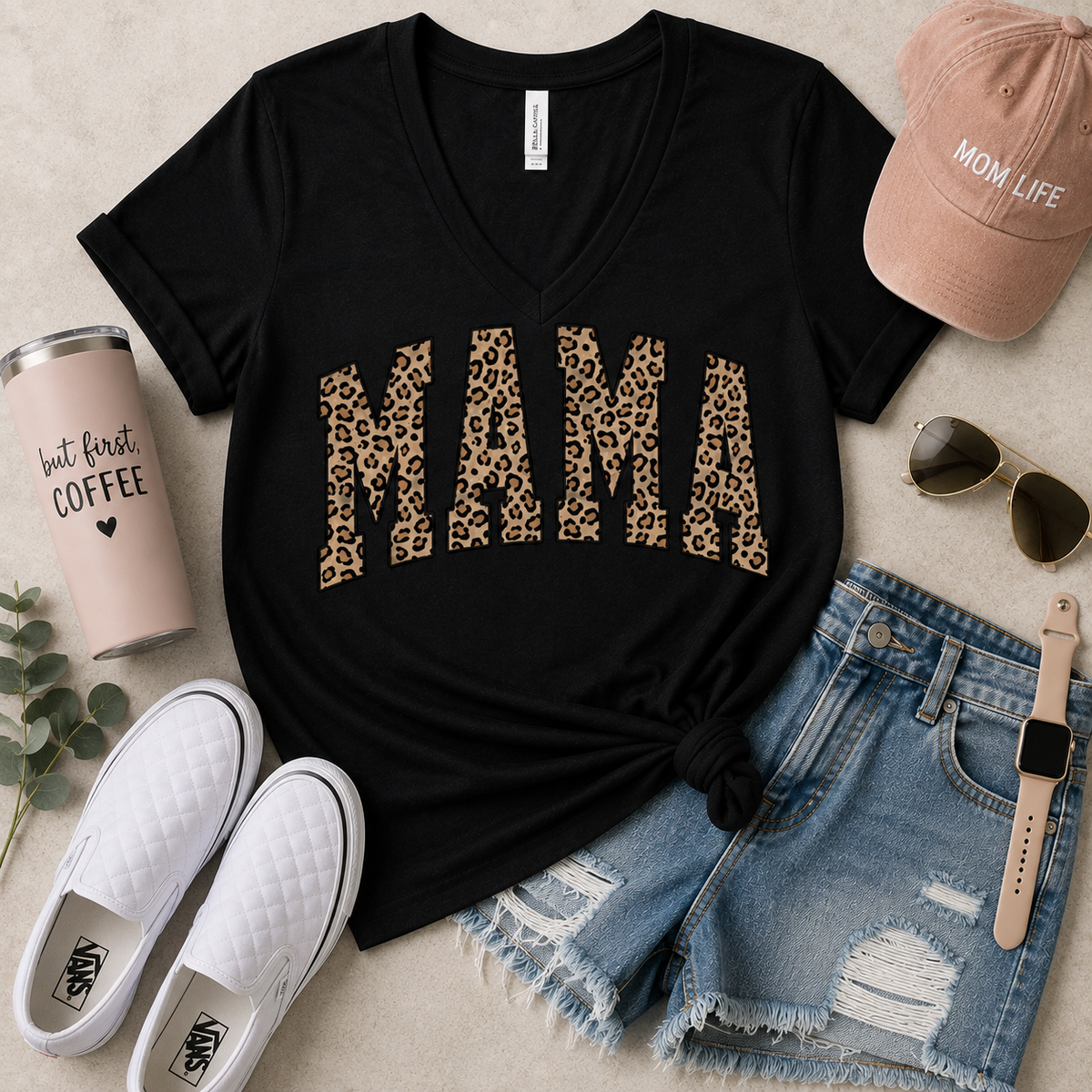 Julia Rose Mama Leopard apparel featuring a leopard-print MAMA graphic, available as a crewneck, V-neck, long-sleeve T-shirt and hoodie.
