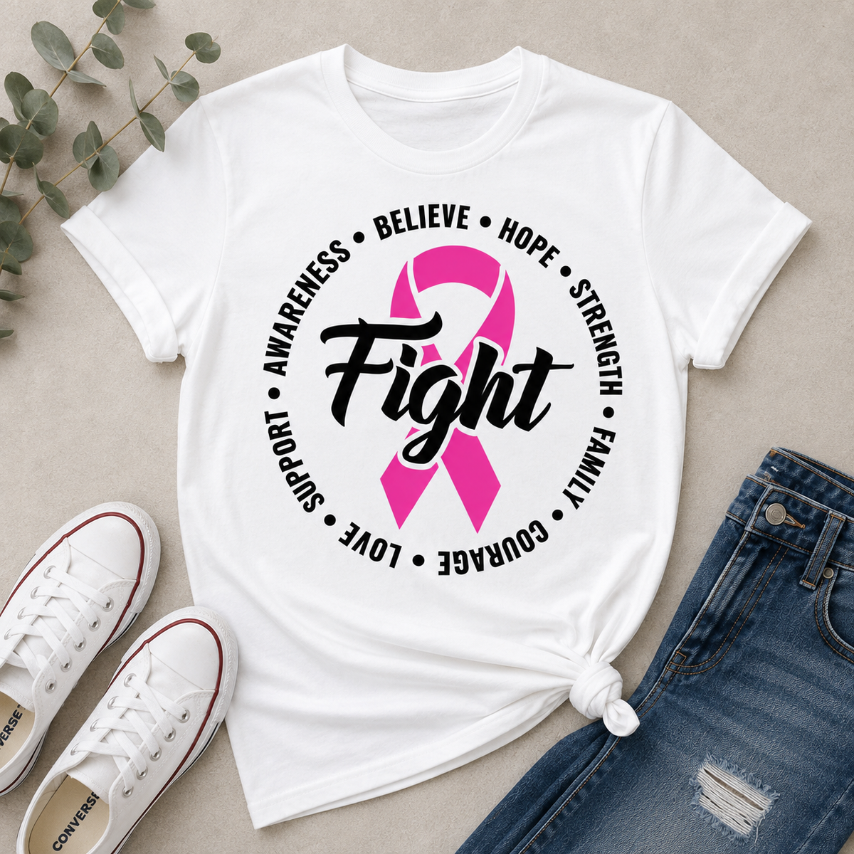 Julia Rose Breast Cancer Awareness Fight apparel with a pink ribbon, available in pink or white crewneck, V-neck, long-sleeve shirt, and hoodie.