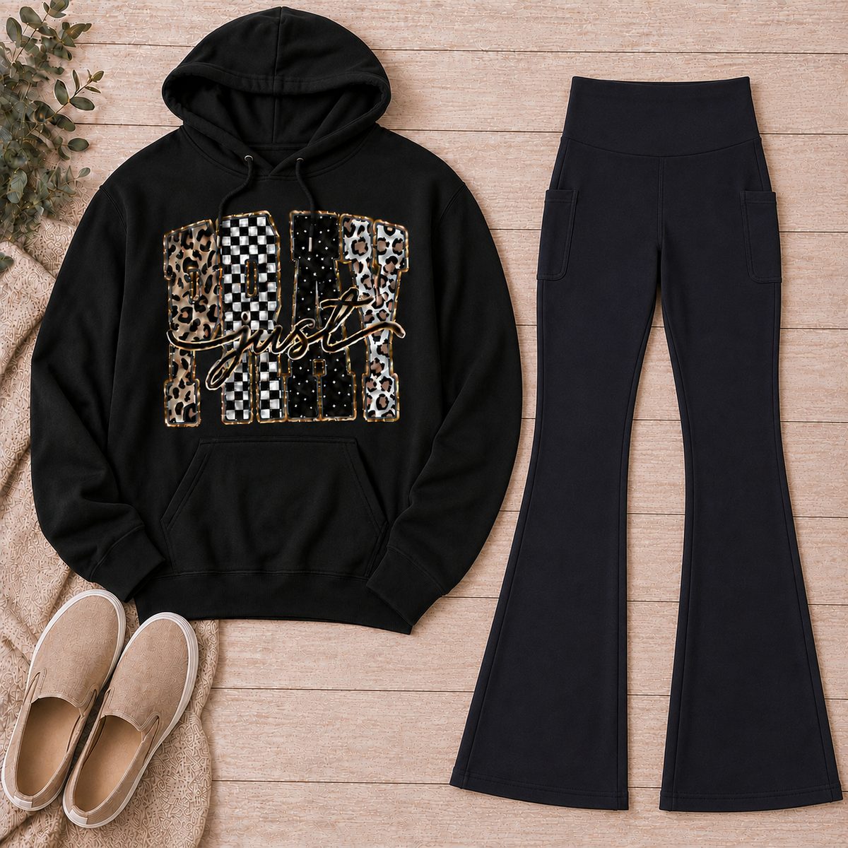 Julia Rose JUST PRAY apparel featuring leopard print, checkerboard and dotted lettering with gold-toned details.