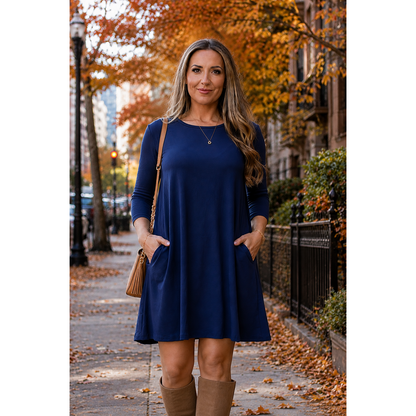Ready to Ship | The Alyssa - Navy Swing Dress with 3/4 Sleeves