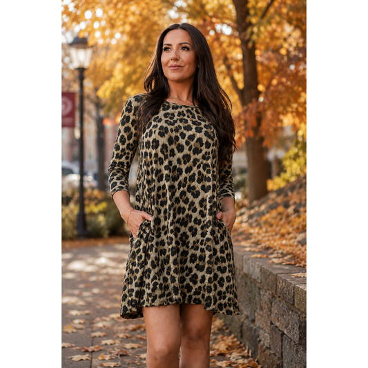 Ready to Ship | The Nicolette - Leopard Swing Dress with 3/4 Sleeves