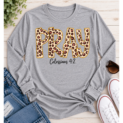 PRAY Colossians 4:2 leopard print Christian graphic shirt available in short sleeve crewneck, V-neck, long sleeve and hoodie styles.