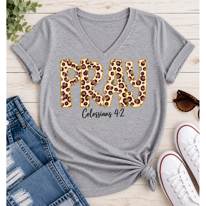 PRAY Colossians 4:2 leopard print Christian graphic shirt available in short sleeve crewneck, V-neck, long sleeve and hoodie styles.