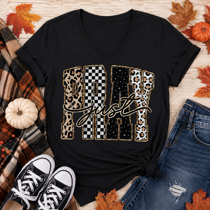 Julia Rose JUST PRAY apparel featuring leopard print, checkerboard and dotted lettering with gold-toned details.