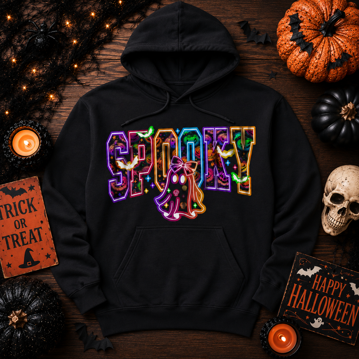 Julia Rose SPOOKY apparel featuring colorful Halloween-patterned lettering, bats, pumpkins and a bow-wearing ghost.