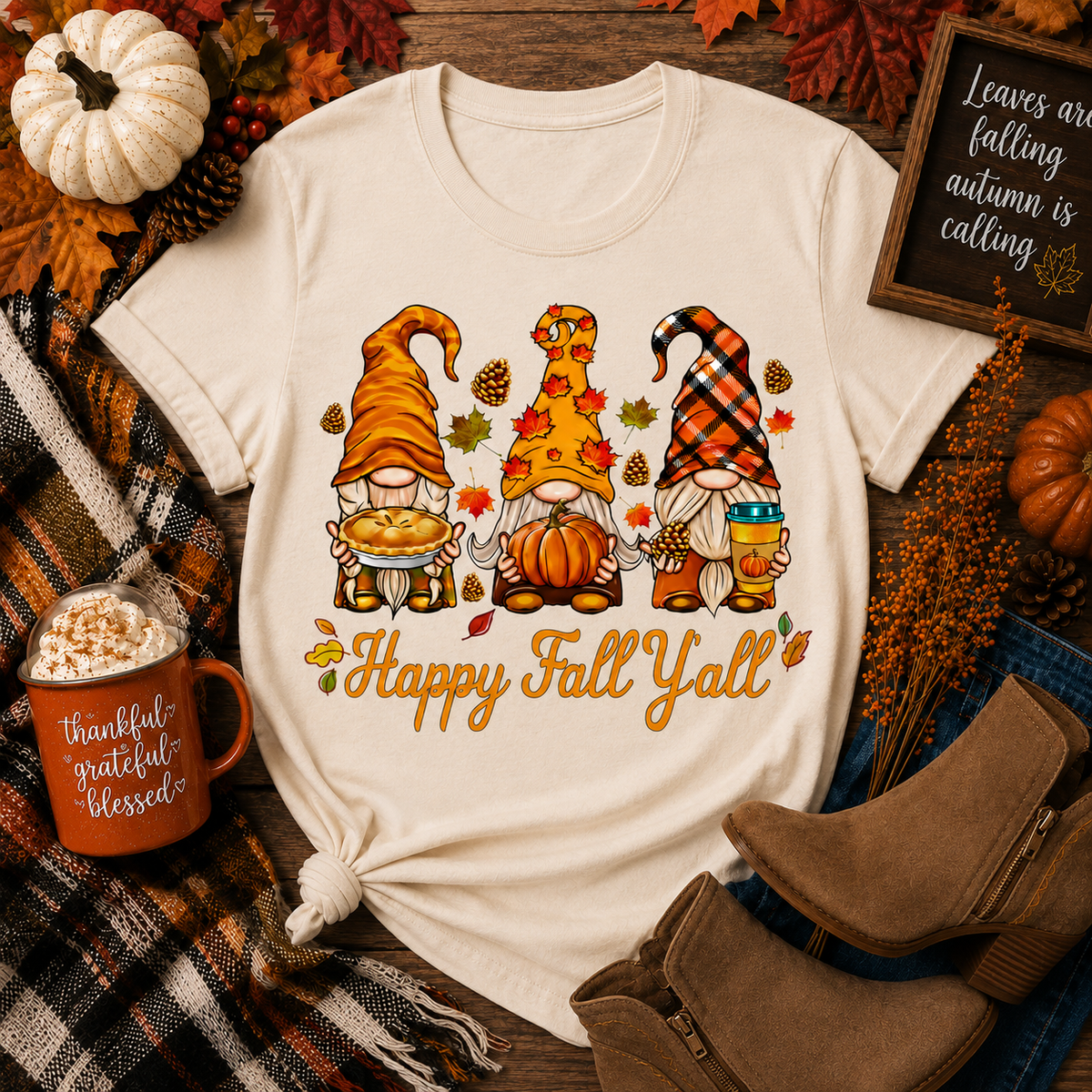 Happy Fall Y’all three autumn gnomes with pumpkins, pie, coffee, colorful leaves and pinecones.