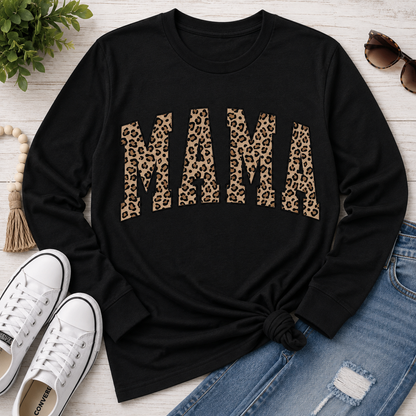 Julia Rose Mama Leopard apparel featuring a leopard-print MAMA graphic, available as a crewneck, V-neck, long-sleeve T-shirt and hoodie.