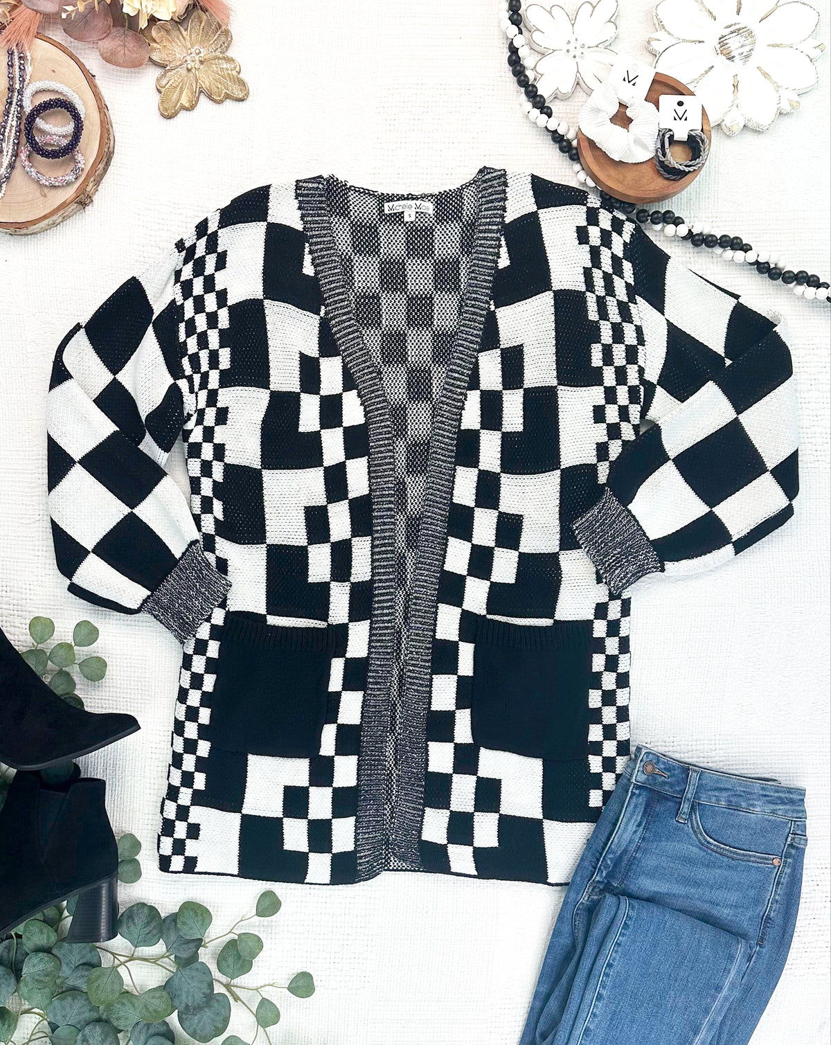 IN STOCK Long Checkered Pocket Cardigan - Black and White FINAL SALE