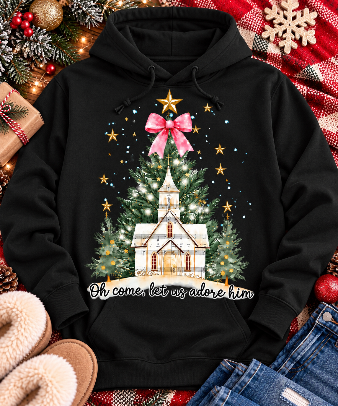 Oh Come Let Us Adore Him Christian Christmas graphic apparel with church, Christmas trees, stars and pink bow