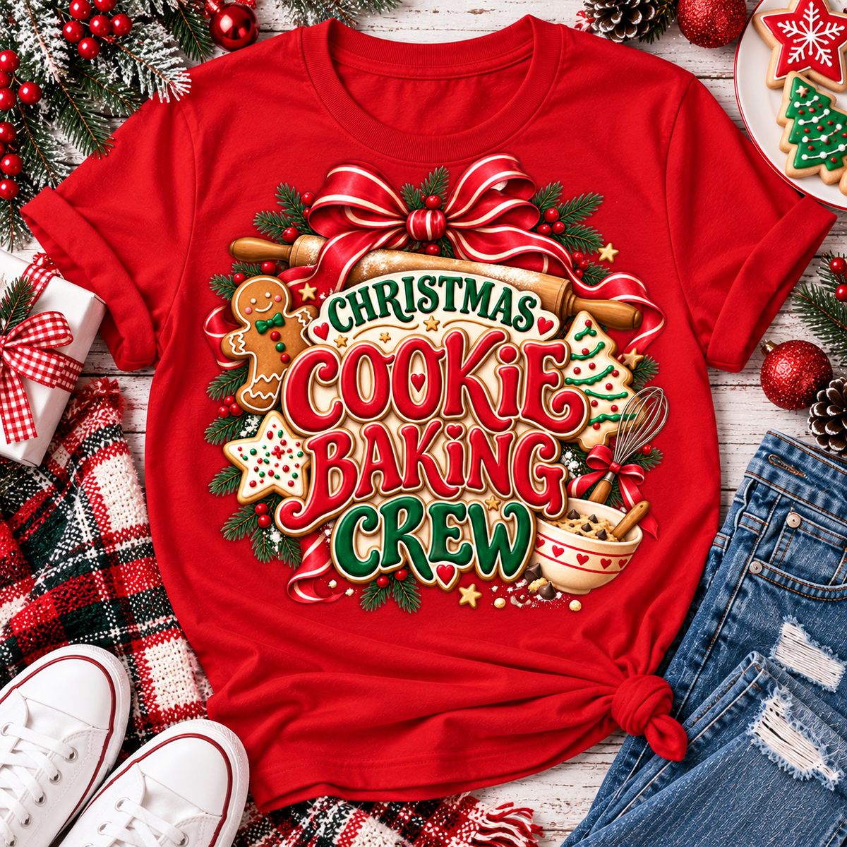 Christmas Cookie Baking Crew holiday graphic apparel featuring festive red and green lettering, gingerbread cookies, rolling pin, mixing bowl, Christmas greenery and red bow. Available in red, black and sand in four styles: crewneck tee, V-neck tee, sweatshirt and hoodie.