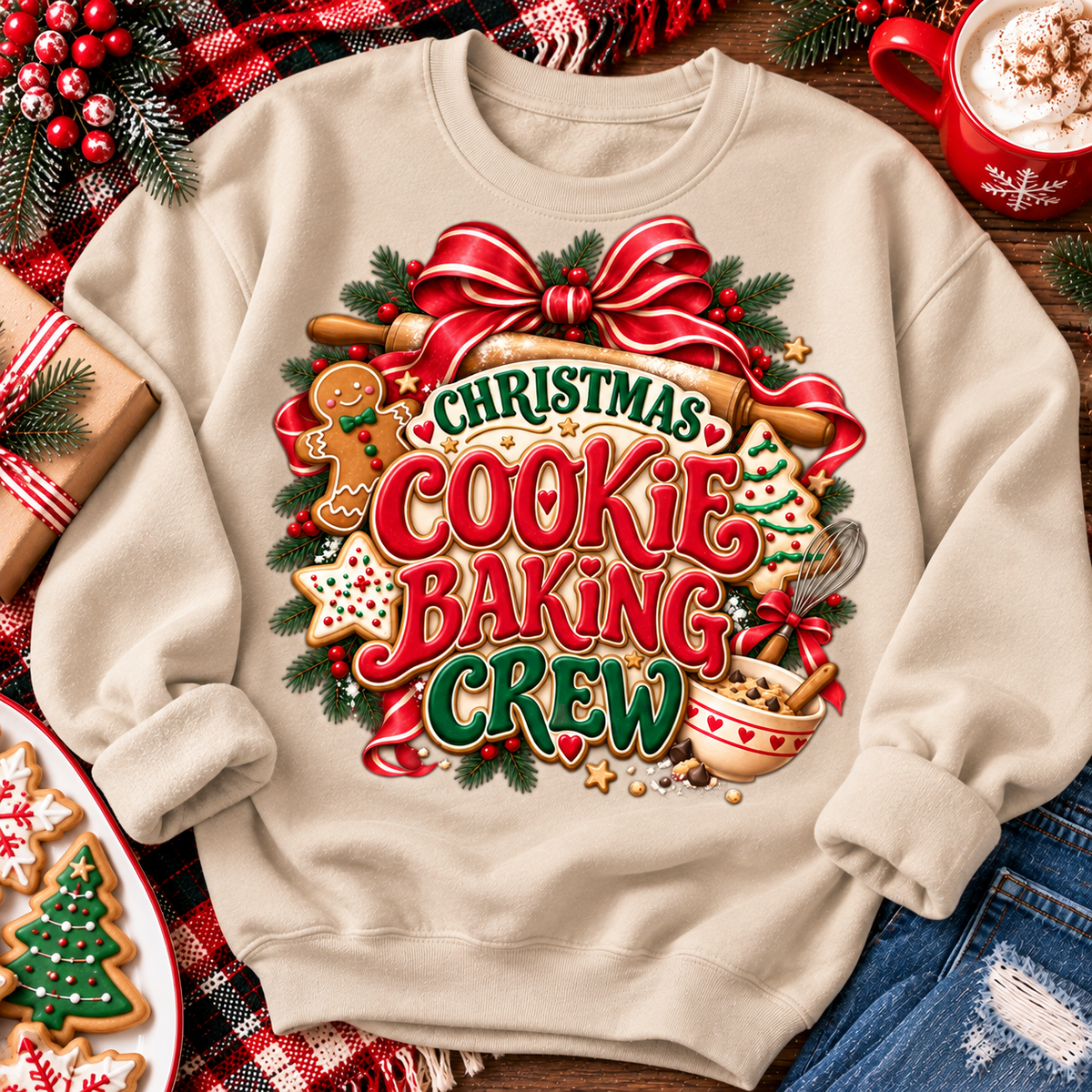 A beige crewneck sweatshirt laid flat on a rustic wooden surface, featuring a large festive graphic that reads 'Christmas Cookie Baking Crew' in red and green lettering with gingerbread cookies, a red bow, pine branches, and baking tools. The sweatshirt is styled with holiday props including a red plaid blanket, wrapped gift boxes, a plate of decorated cookies, and a red mug of hot cocoa.