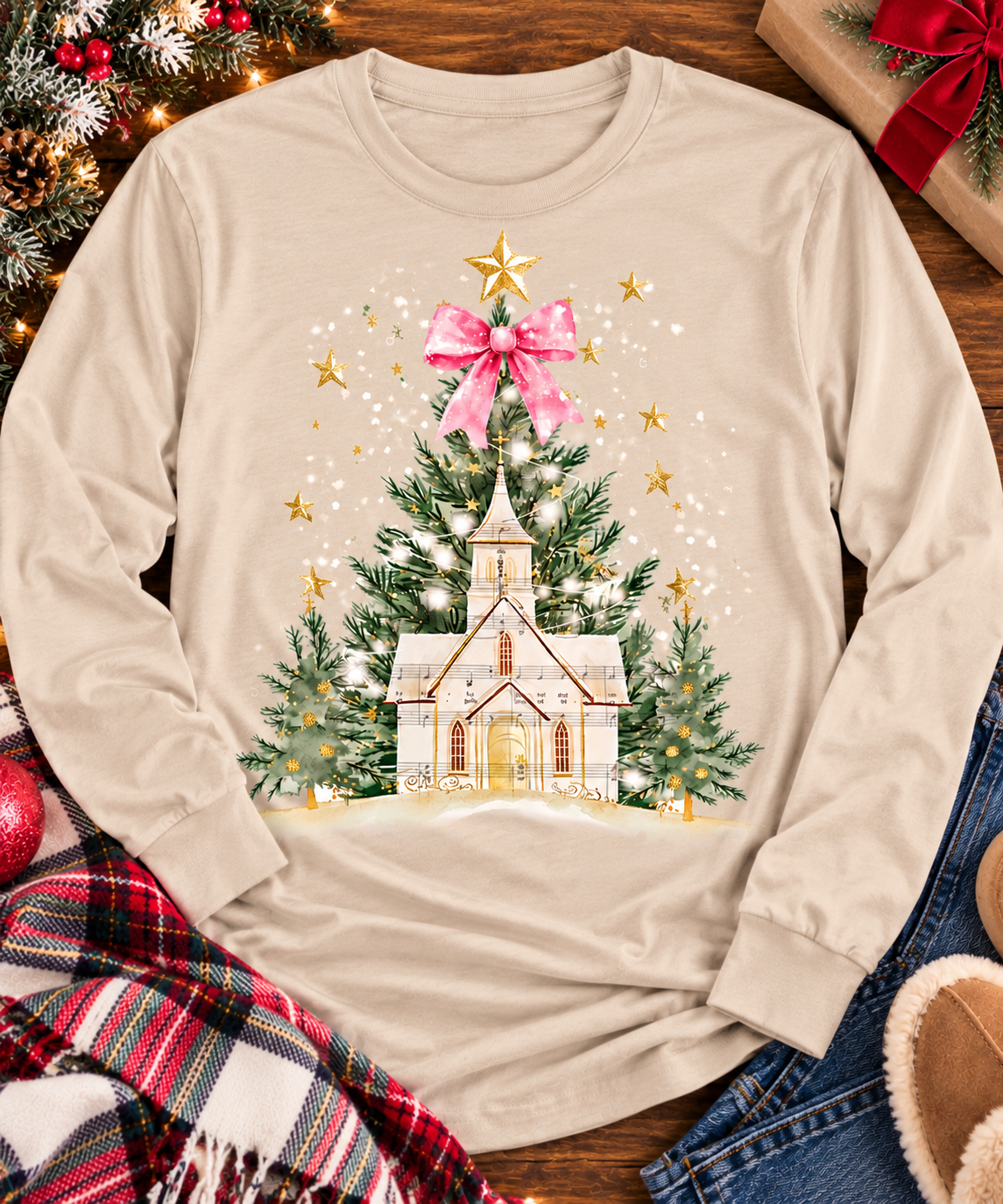Oh Come Let Us Adore Him Christian Christmas graphic apparel with church, Christmas trees, stars and pink bow