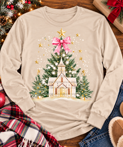 Oh Come Let Us Adore Him Christian Christmas graphic apparel with church, Christmas trees, stars and pink bow