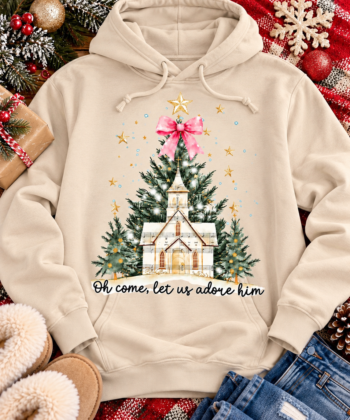 Oh Come Let Us Adore Him Christian Christmas graphic apparel with church, Christmas trees, stars and pink bow