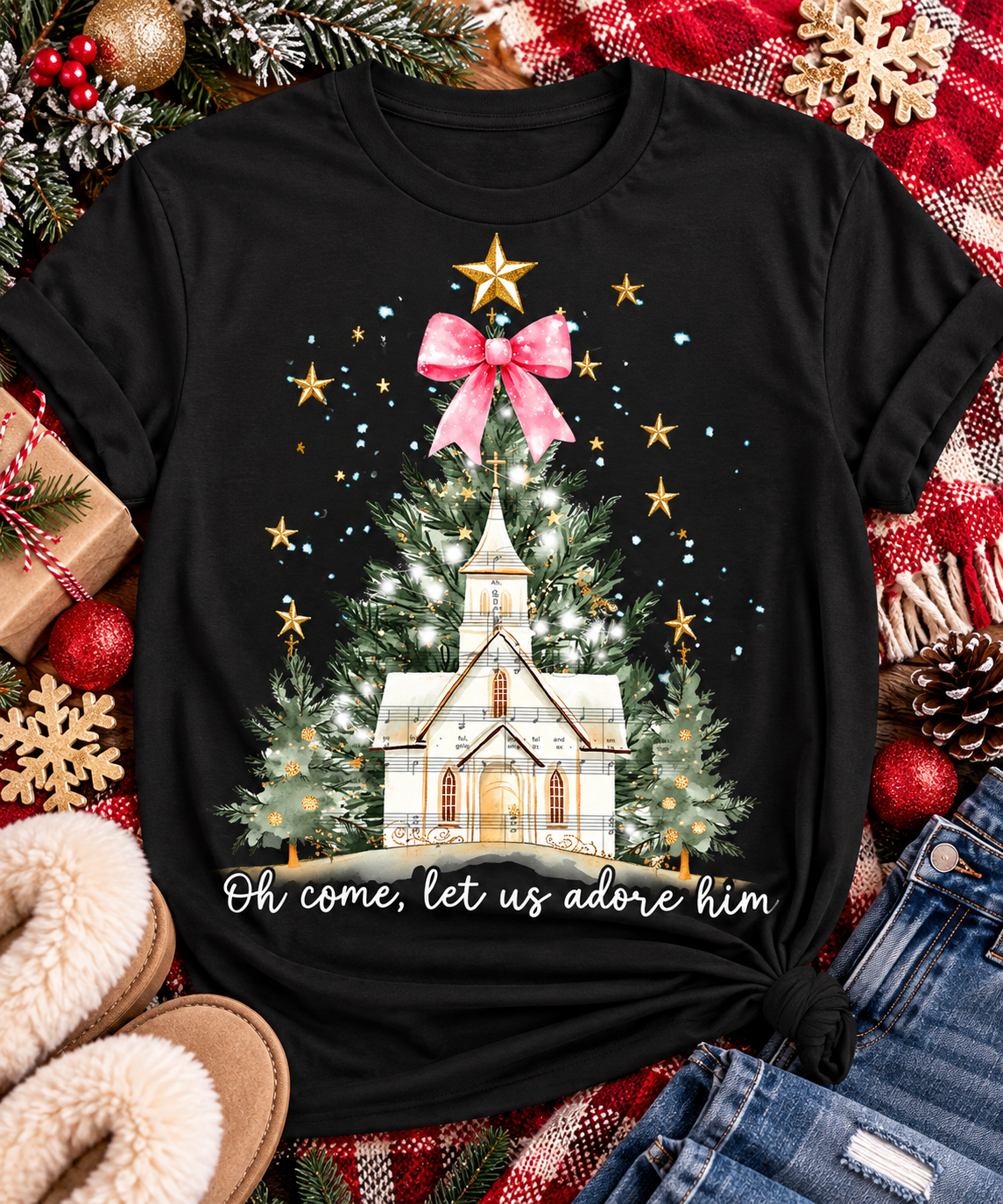 Oh Come Let Us Adore Him Christian Christmas graphic apparel with church, Christmas trees, stars and pink bow