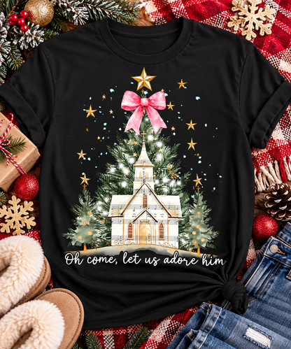 Oh Come Let Us Adore Him Christian Christmas graphic apparel with church, Christmas trees, stars and pink bow