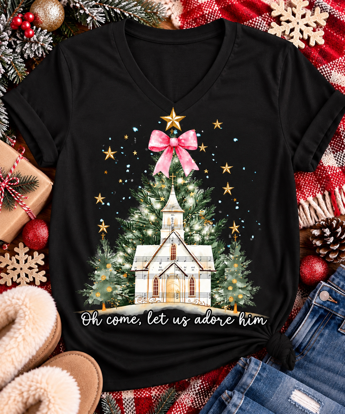 Oh Come Let Us Adore Him Christian Christmas graphic apparel with church, Christmas trees, stars and pink bow