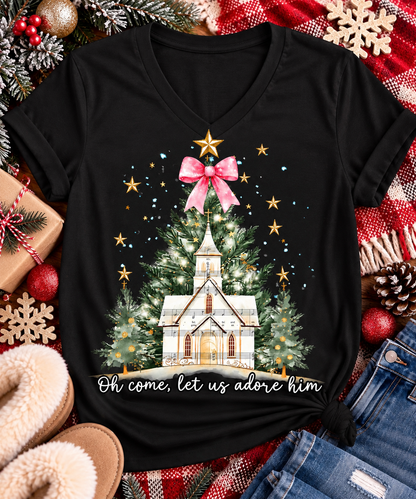 Oh Come Let Us Adore Him Christian Christmas graphic apparel with church, Christmas trees, stars and pink bow