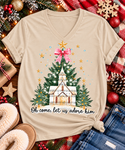 Oh Come Let Us Adore Him Christian Christmas graphic apparel with church, Christmas trees, stars and pink bow