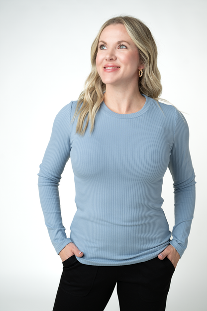 IN STOCK Reese Ribbed Long Sleeve Top - Dusty Blue