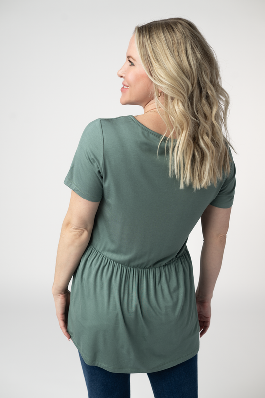 Sarah Ruffle Top in Dusty Jade, back view