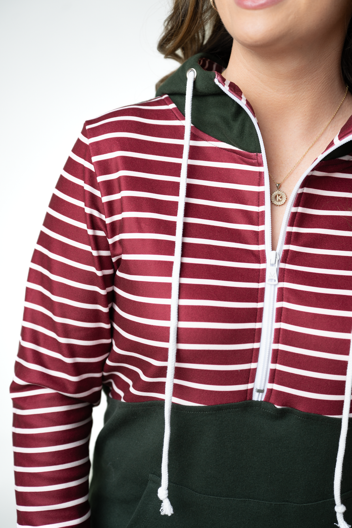 IN STOCK Soft Classic HalfZip Hoodie - Evergreen and Burgundy Stripes FINAL SALE