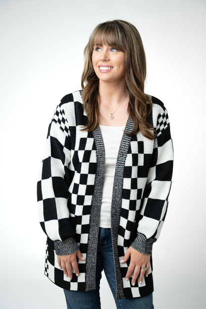 IN STOCK Long Checkered Pocket Cardigan - Black and White FINAL SALE